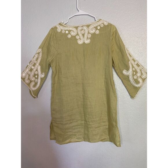 Calypso St. Barth | Chartreuse Linen Tunic Embroidered Sequin Boho - Picture 3 of 9
